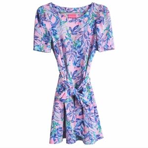 Lilly Pulitzer Harriet Tie Waist Tropical Knit Dress Lilac Rose Pink Blue XL
